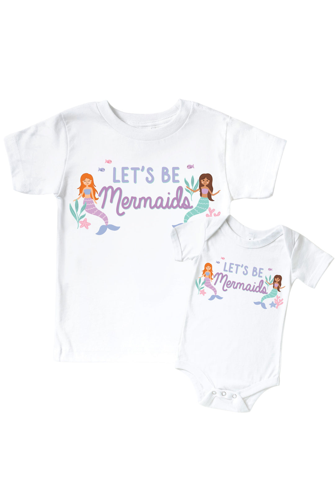 let's be mermaids graphic bodysuit and kids tee in white with mermaid summer print