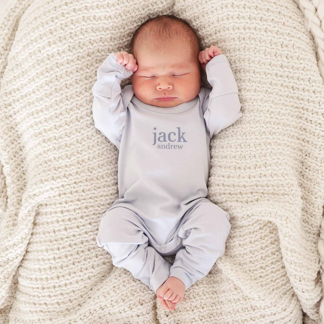 light blue personalized long sleeve romper for newborns