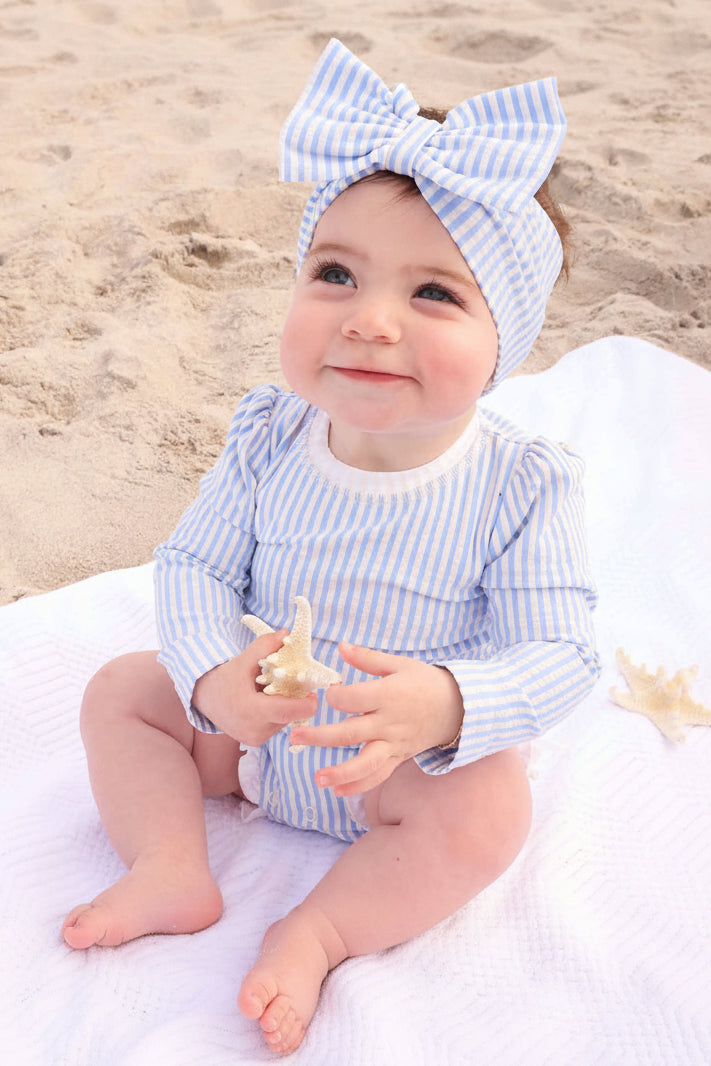 Long Sleeve Rash Guard With Ruffle Bottom | Seersucker Blue