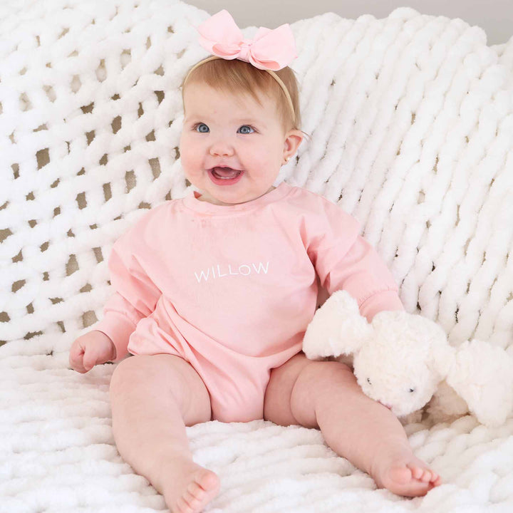 light pink personalized long sleeve bubble romper