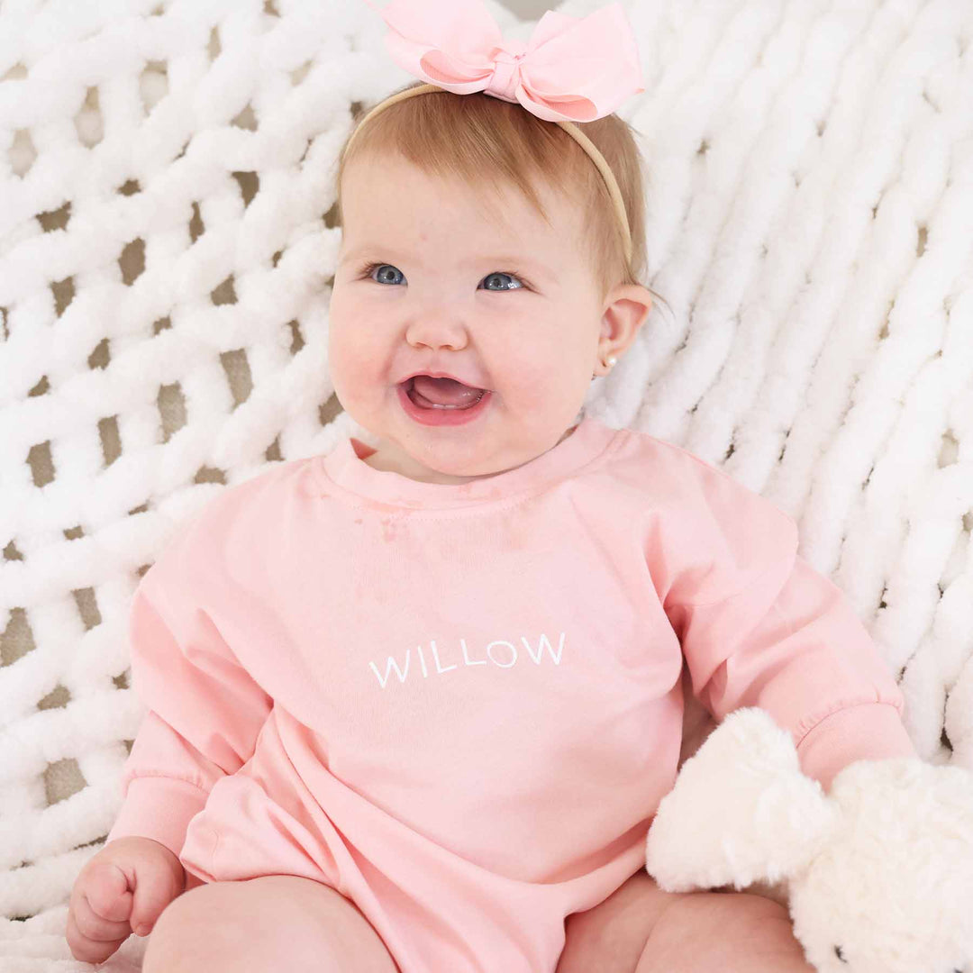 light pastel pink personalized long sleeve bubble rompers