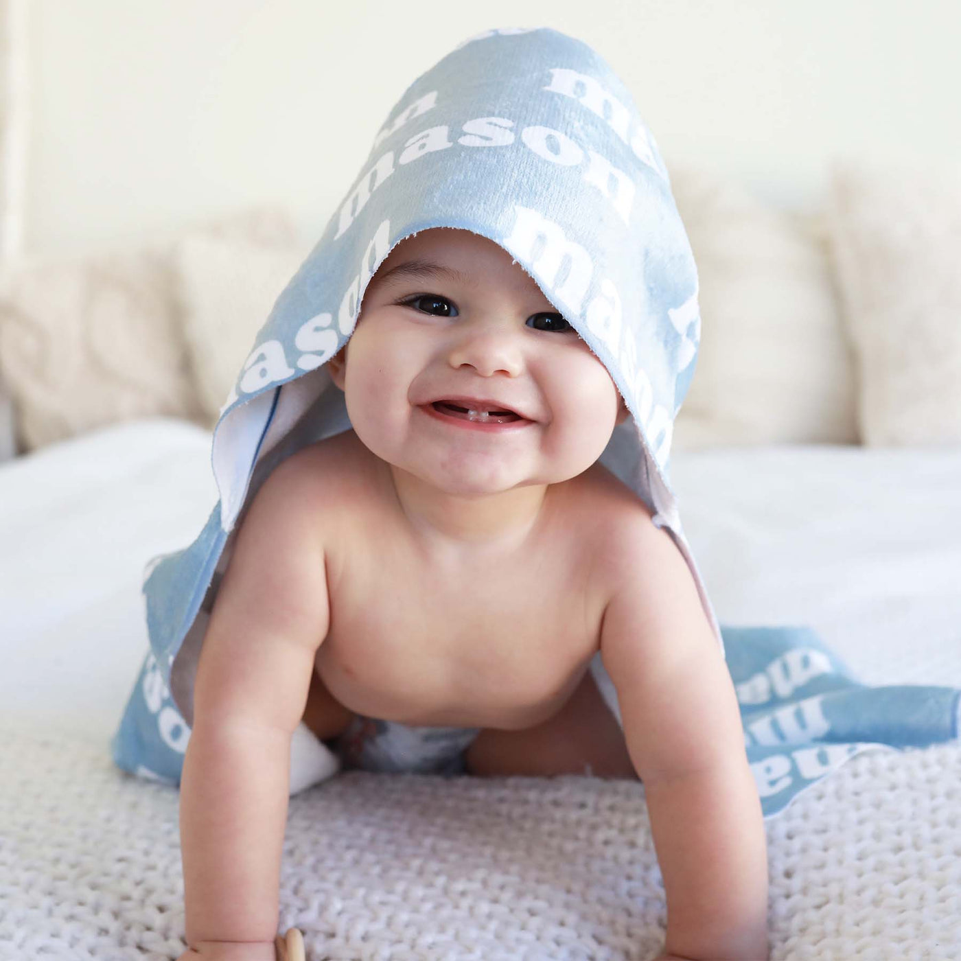 personalized light blue hooded towel 