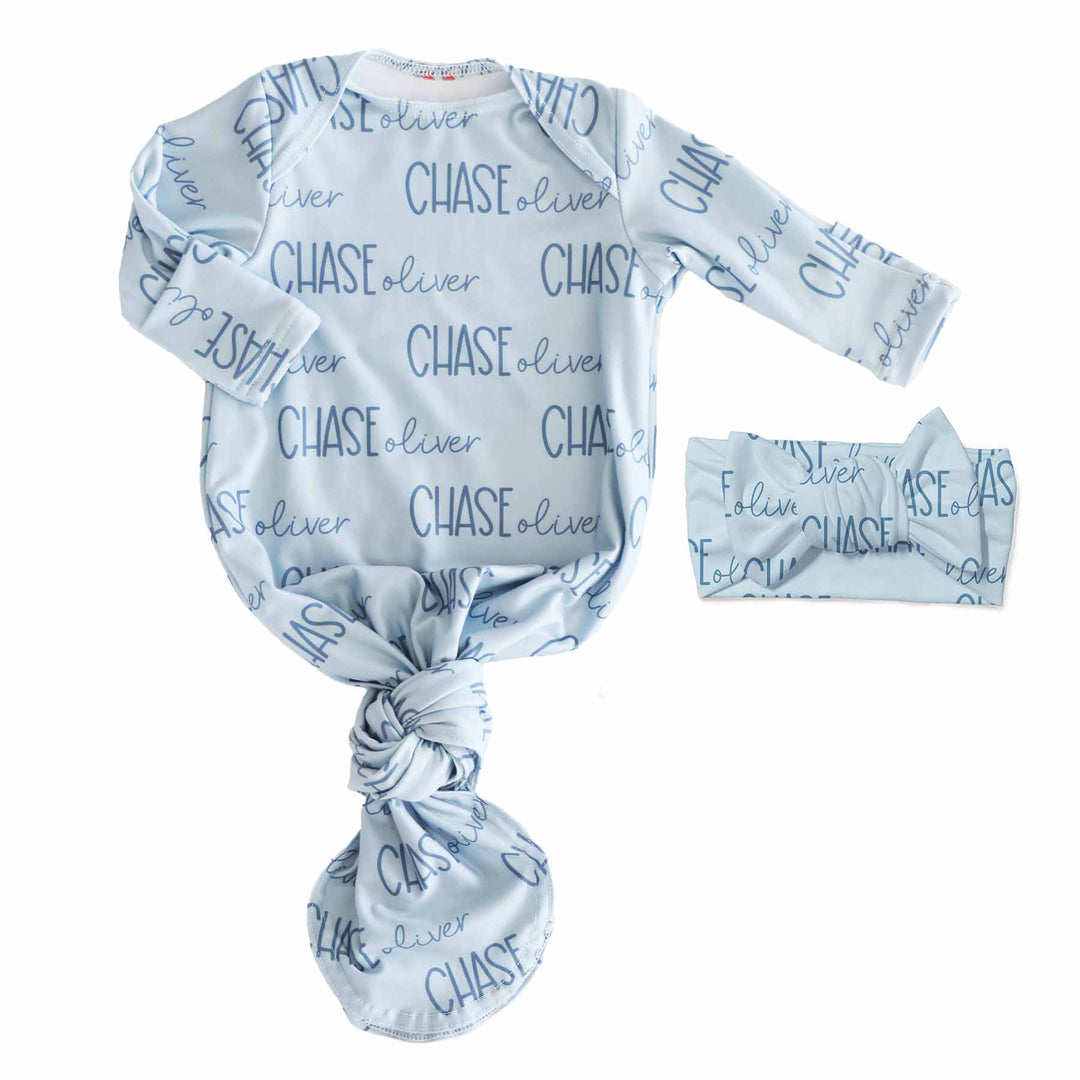 light dusty blue personalized knot gown and headwrap set 