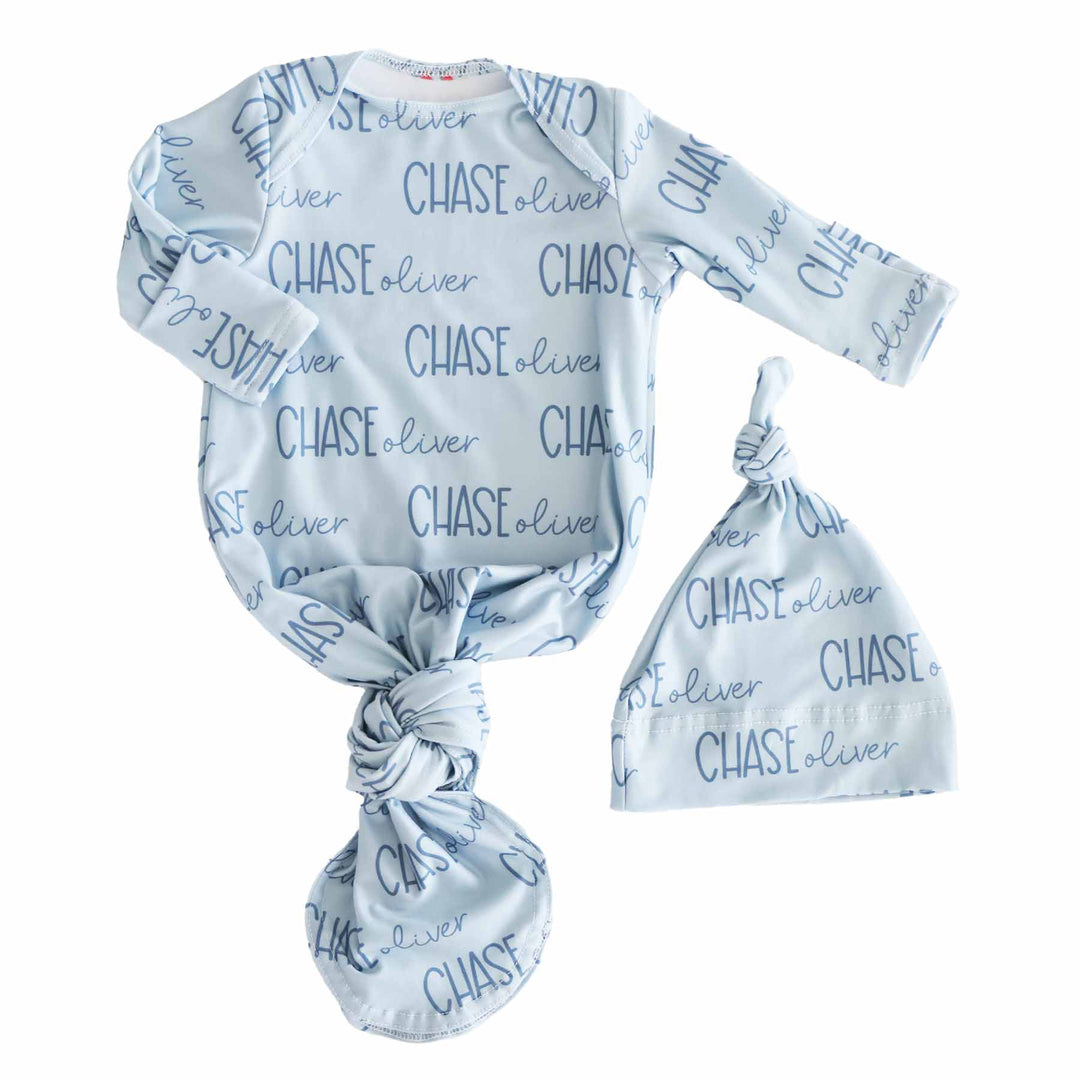 light dusty blue personalized knot gown for babies