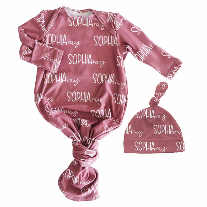 light dusty rose personalized knot gown and hat set