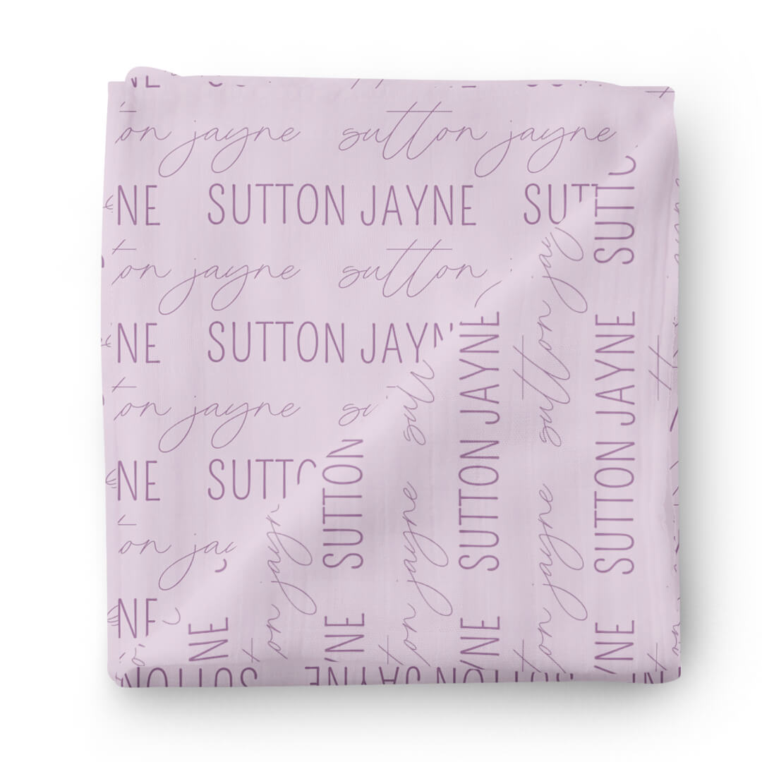 light lavender personalized baby name swaddle blanket block and script 