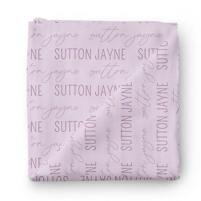 light lavender personalized baby name swaddle blanket block and script 