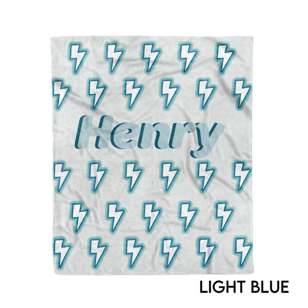 lightning bolt blanket personalized light blue 
