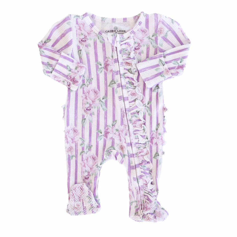 purple and white striped bamboo waffle ruffle zipper footie with purple roses 