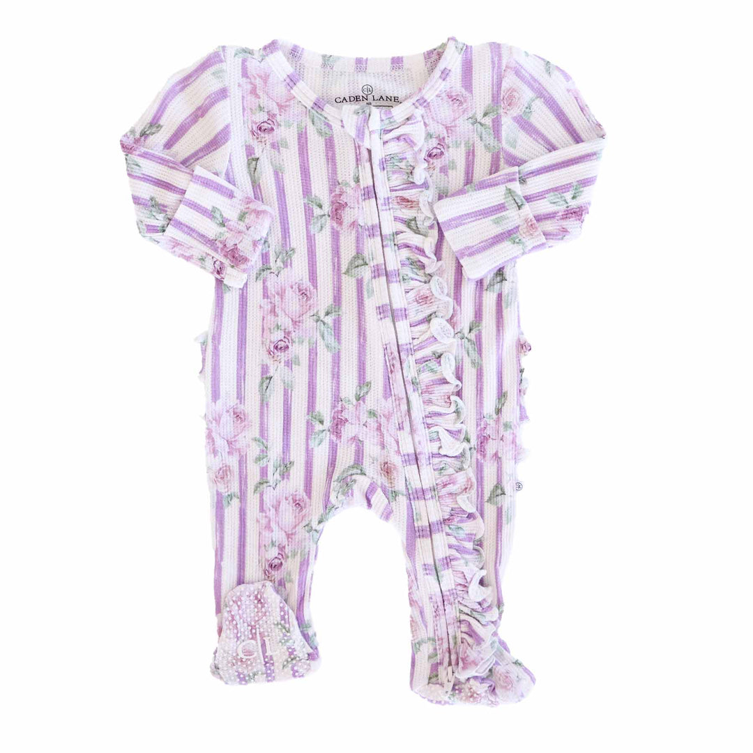 purple and white striped bamboo waffle ruffle zipper footie with purple roses 