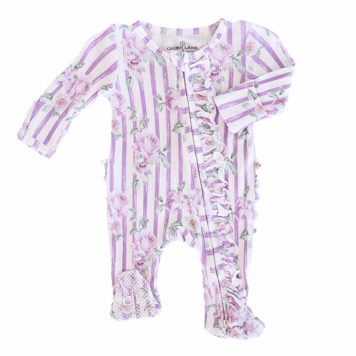 bamboo waffle zipper footie with ruffles and purple stripes with roses and leaves 