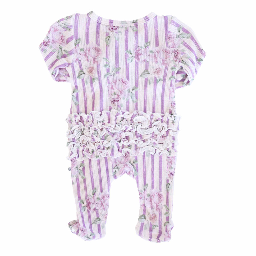 ruffle bottom zipper footie for baby girls with purple stripes and roses 