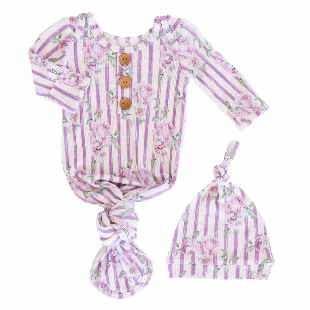 vintage purple stripe and rose bamboo waffle newborn baby knot gown and hat set 
