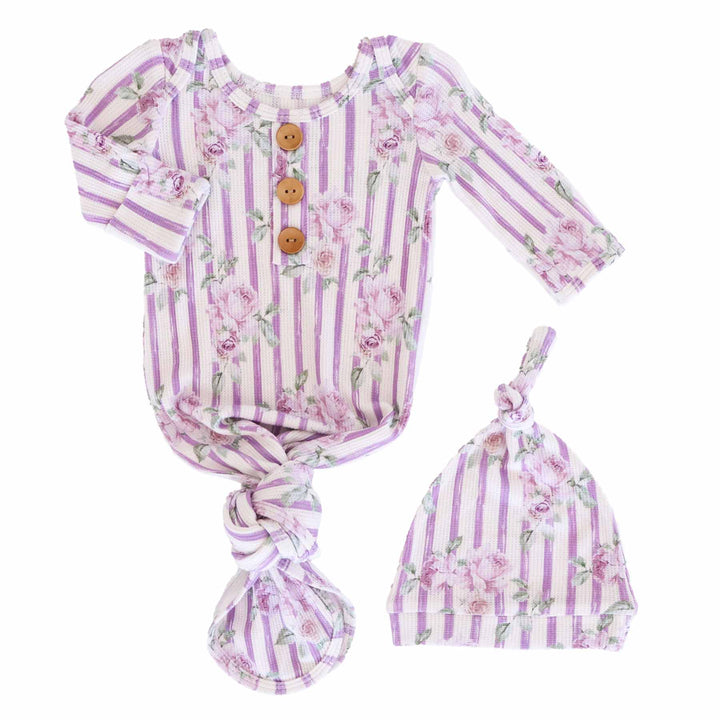 vintage purple stripe and rose bamboo waffle newborn baby knot gown and hat set 