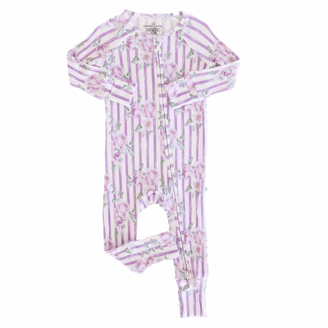 vintage stripe and rose purple convertible zip romper pajama for baby and toddler girls 