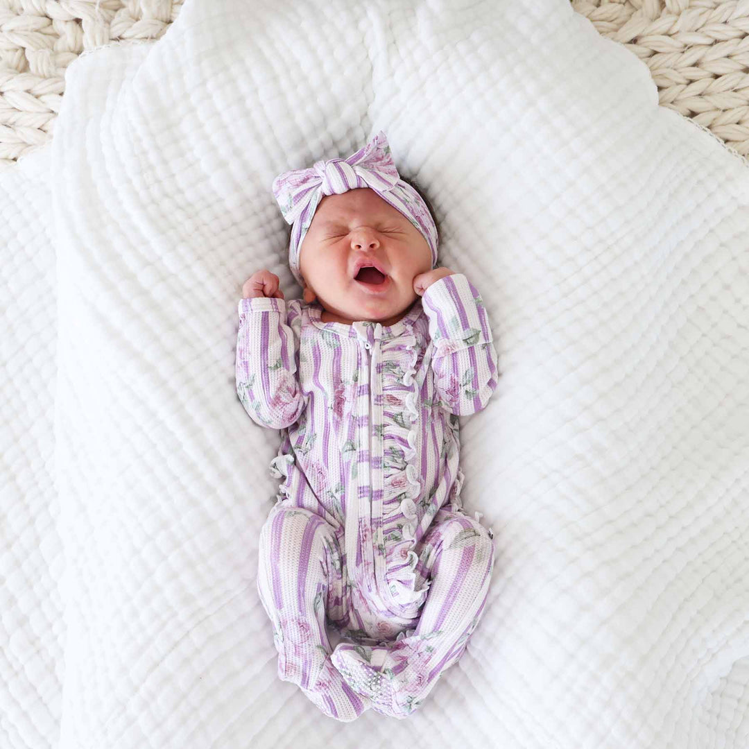 lila's lilacs bamboo waffle ruffle zipper footie pajama 