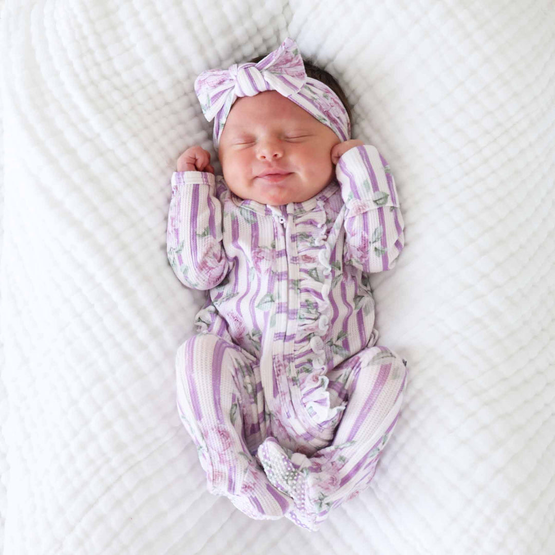 purple stripe and rose bamboo waffle ruffle zipper footie for baby girls with matching headwrap