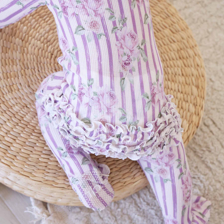 purple stripe and rose bamboo waffle ruffle zipper footie with grips on the feet
