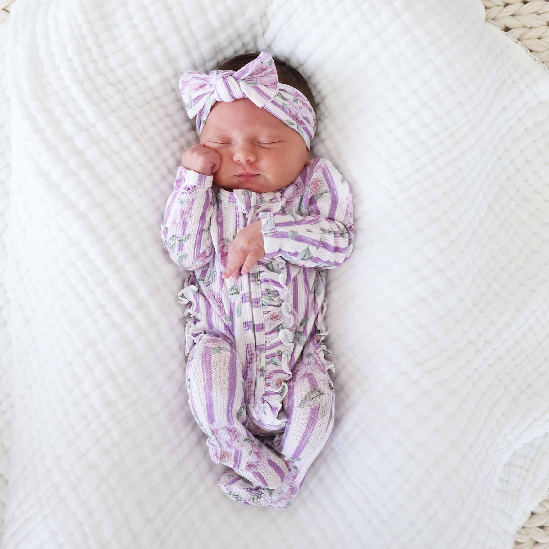 Lila's Lilacs Bamboo Waffle Ruffle Zipper Footie