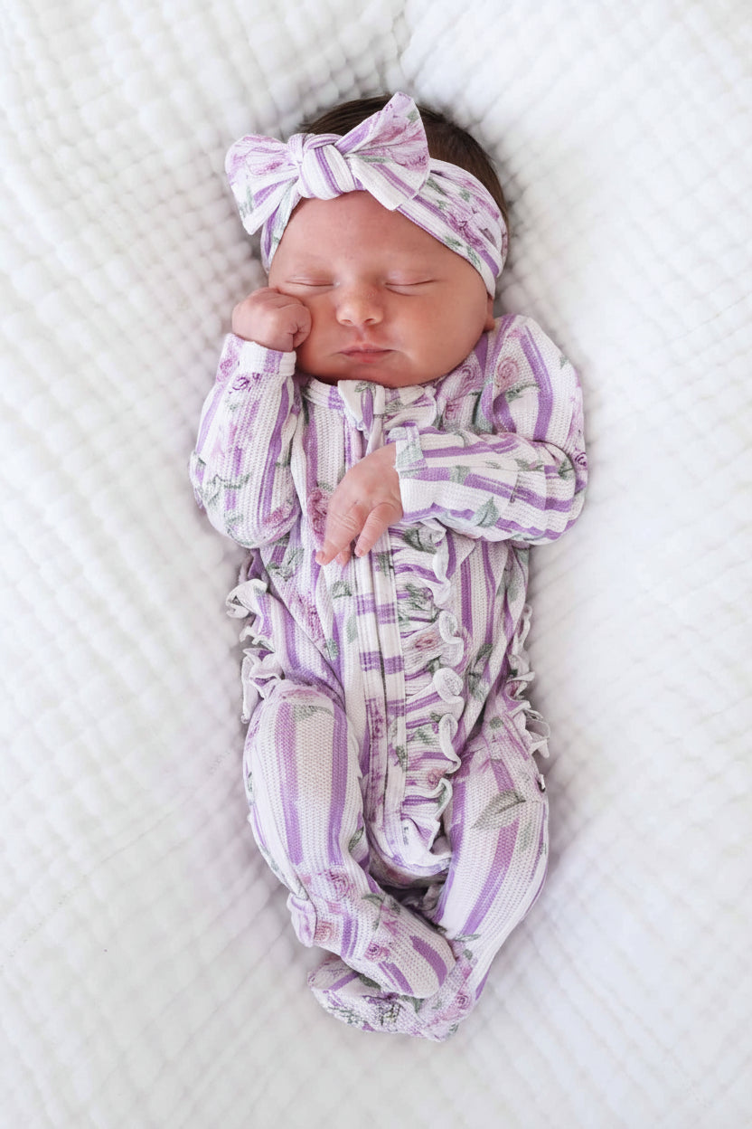 lila's lilacs bamboo waffle ruffle zipper footie for baby girls with flip mitts 