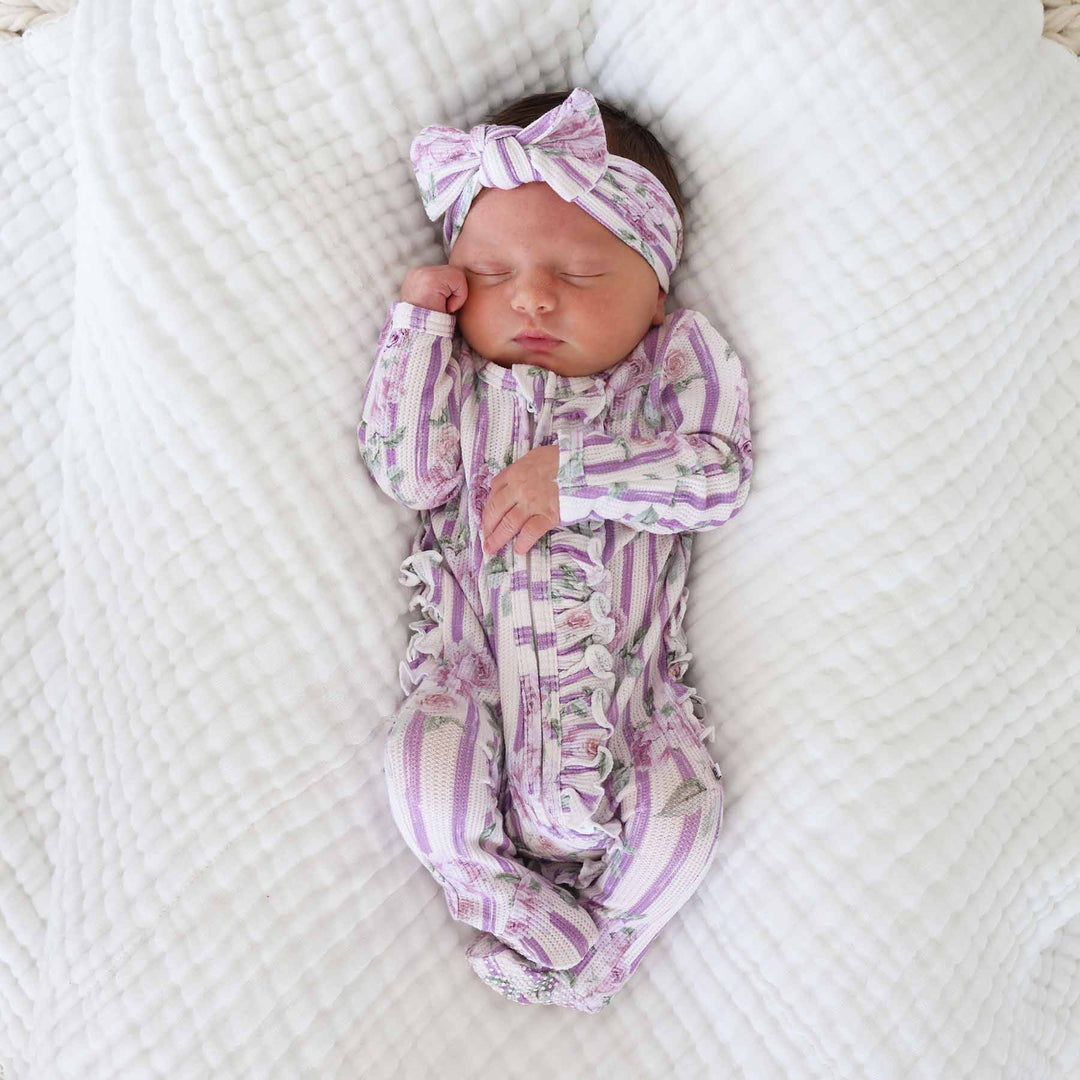 lila's lilacs bamboo waffle ruffle zipper footie with double zipper and flip mitts 