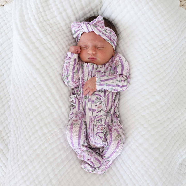 lila's lilacs bamboo waffle ruffle zipper footie with double zipper and flip mitts 