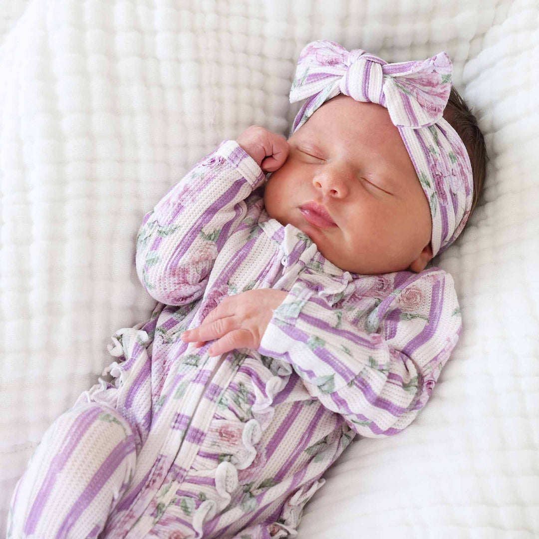 purple and white stripe and rose bamboo waffle knit large bow headwrap for girls 