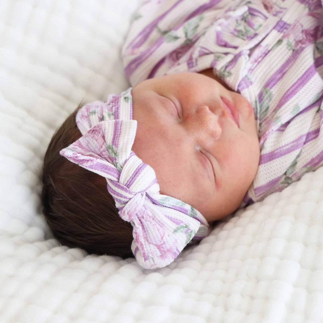 bamboo waffle baby headwrap with purple stripes and roses 