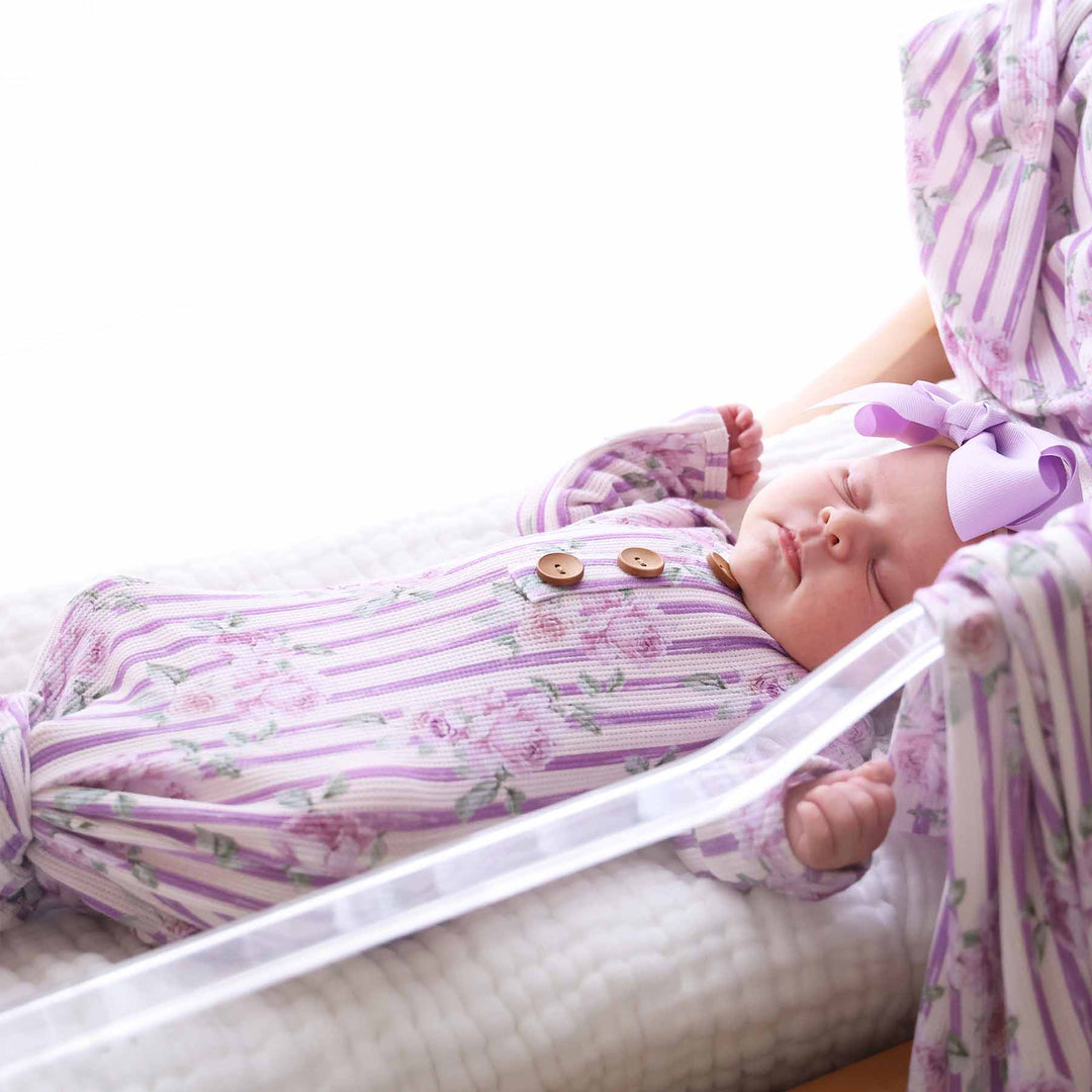 newborn baby gown with vintage purple stripes and roses 