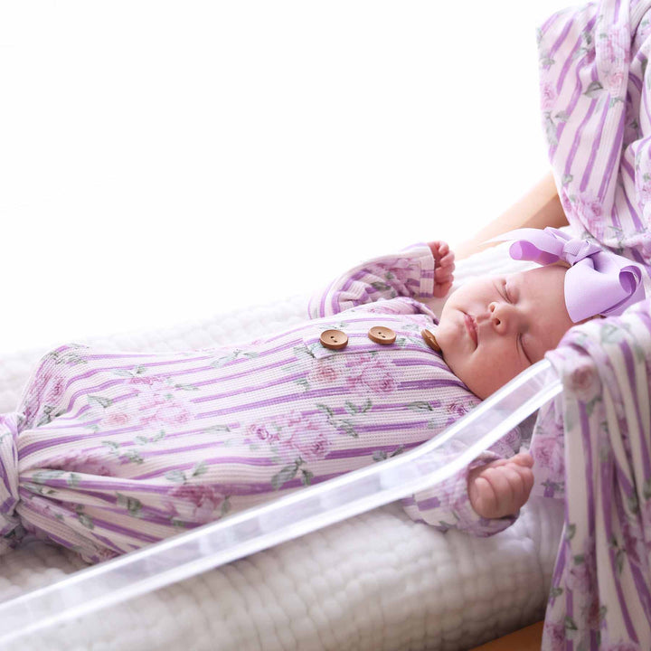 newborn baby gown with vintage purple stripes and roses 
