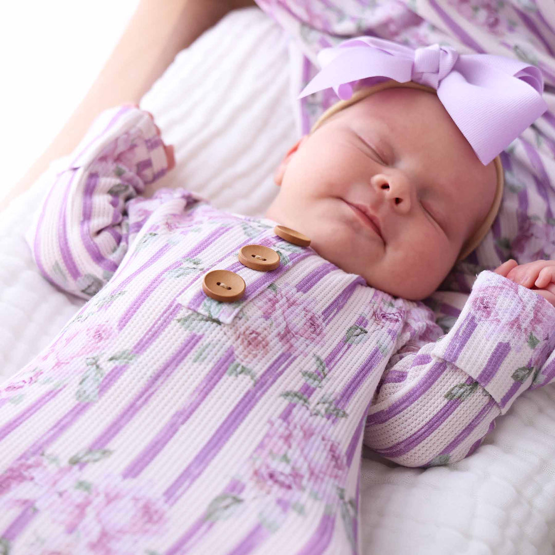 newborn baby knot gown with purple stripes and roses with flip mitts and matching light purple ribbon bow headband 