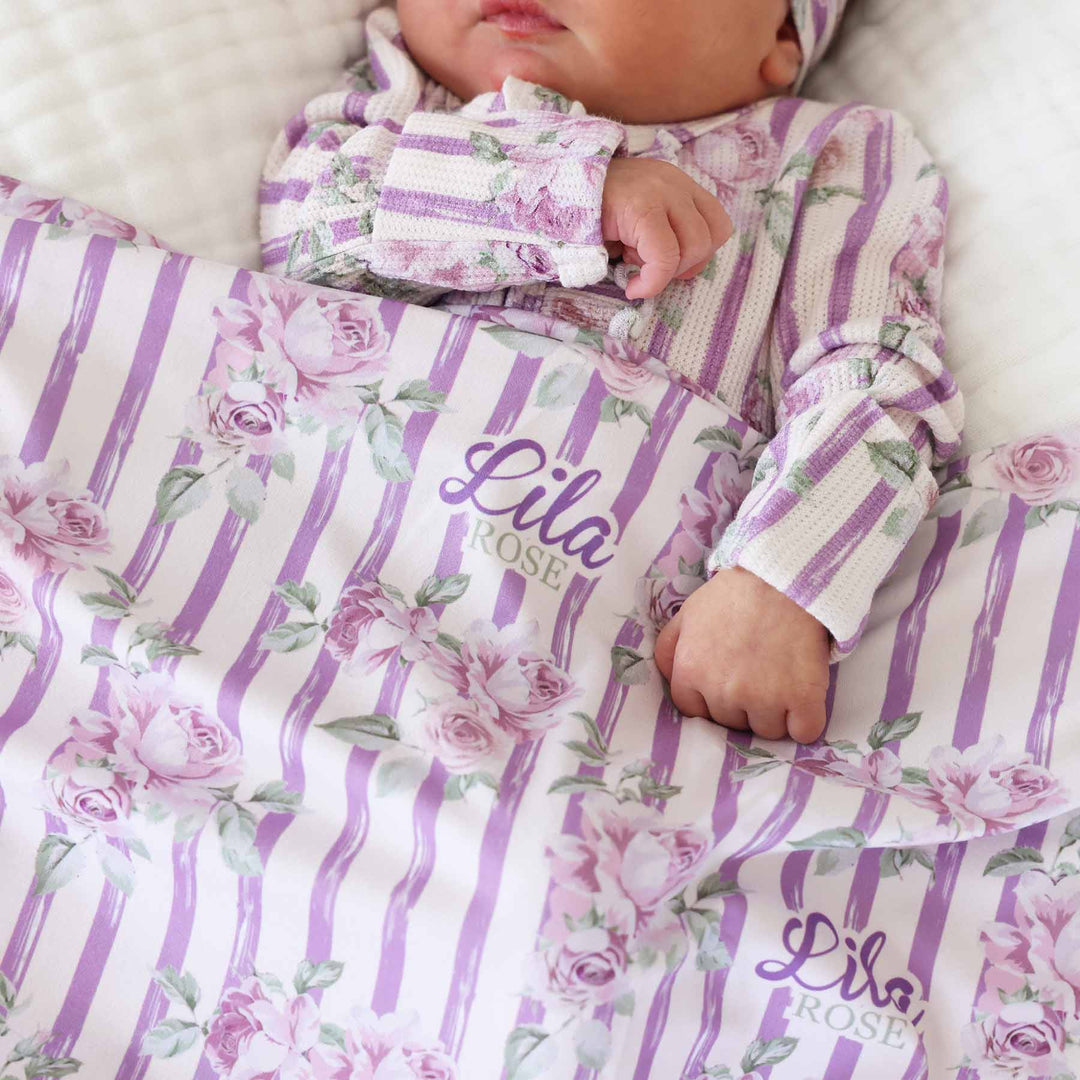lilac vintage strip and rose personalized swaddle blanket for newborn girls 
