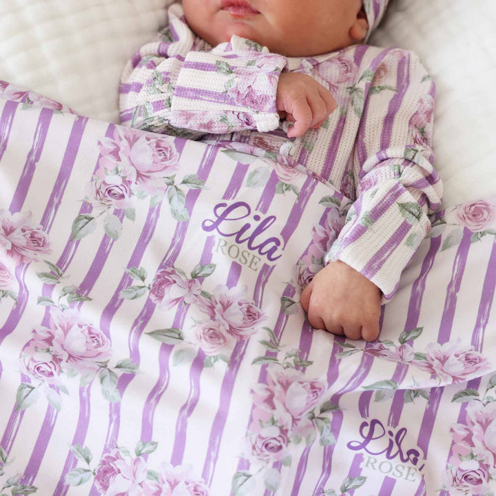 lilac vintage strip and rose personalized swaddle blanket for newborn girls 