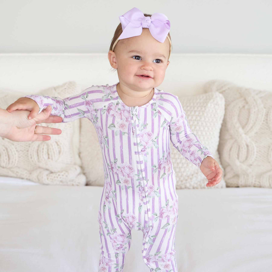 double zipper convertible zip romper pajama in lila's lilacs print 