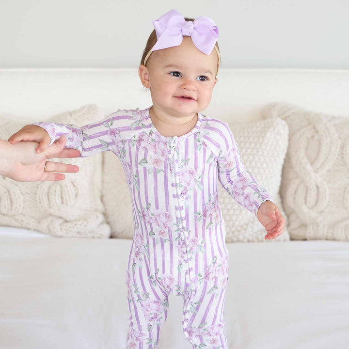 double zipper convertible zip romper pajama in lila's lilacs print 