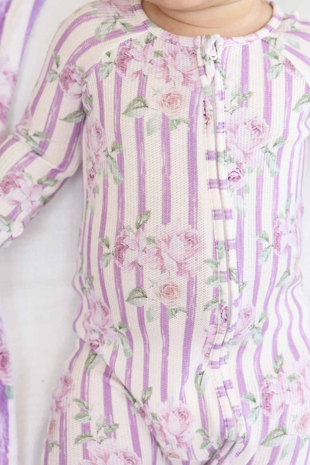 purple stripe and rose bamboo waffle convertible zip romper pajama for baby and toddler girls 