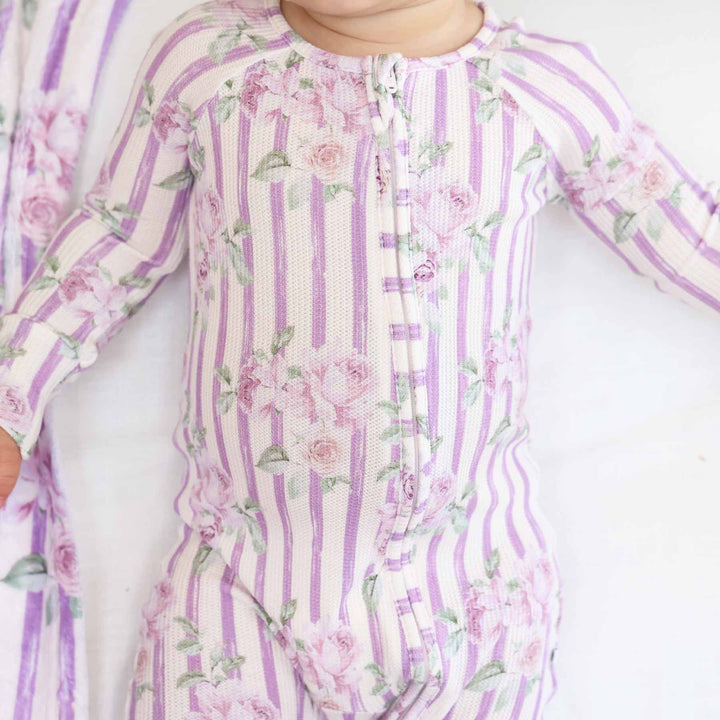 purple stripe and rose bamboo waffle convertible zip romper pajama for baby and toddler girls 