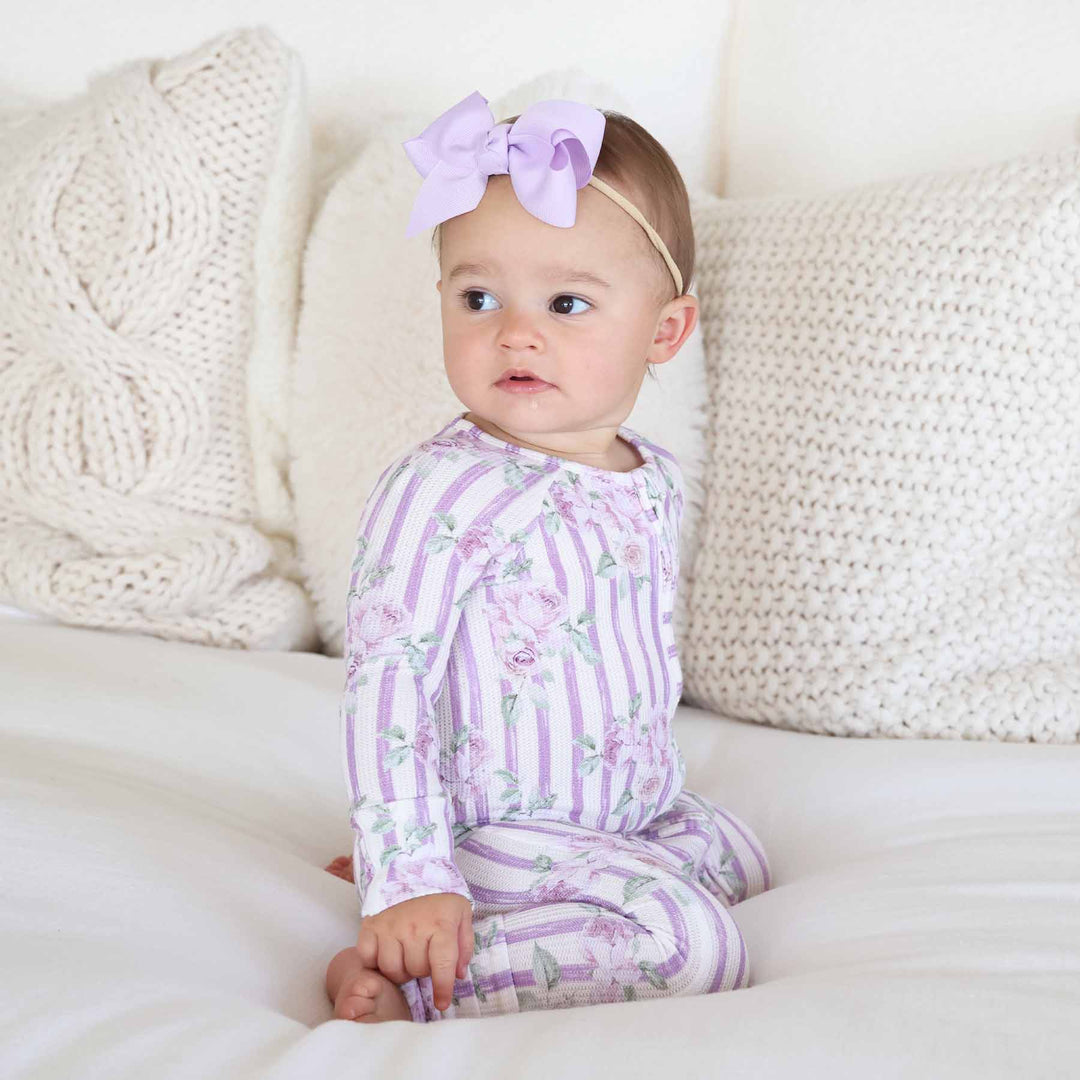 purple stripe and rose bamboo waffle zip romper pajama for babies and toddlers 