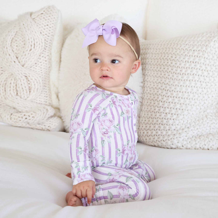 purple stripe and rose bamboo waffle zip romper pajama for babies and toddlers 