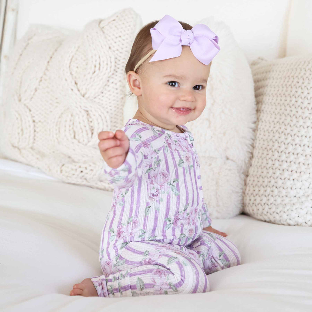 vintage purple stripe and rose convertible zip romper pajama for baby and toddler girls 