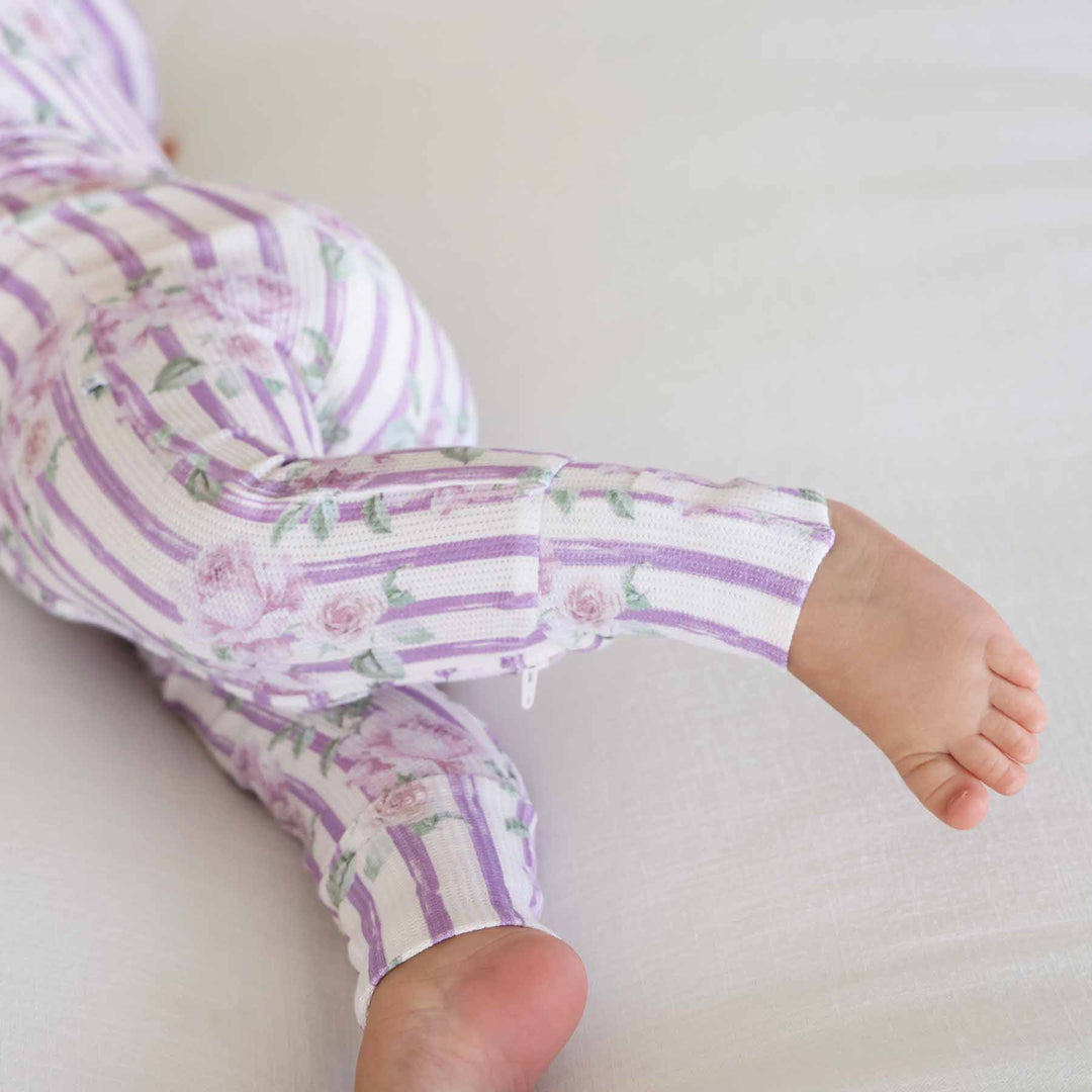 baby girl convertible zip romper pajama in lila's lilacs print