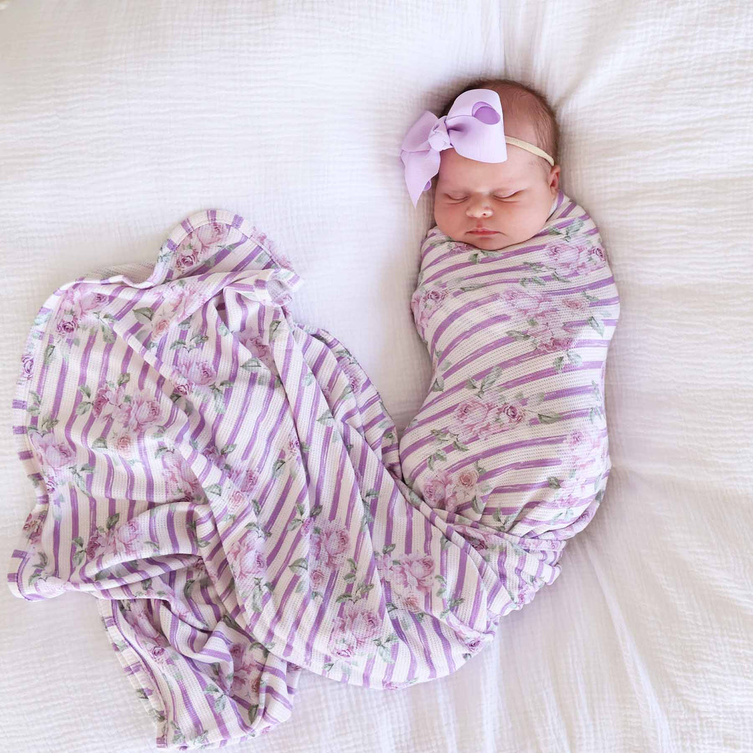 lila's lilacs oversized bamboo waffle swaddle with matching ribbon bow headband 