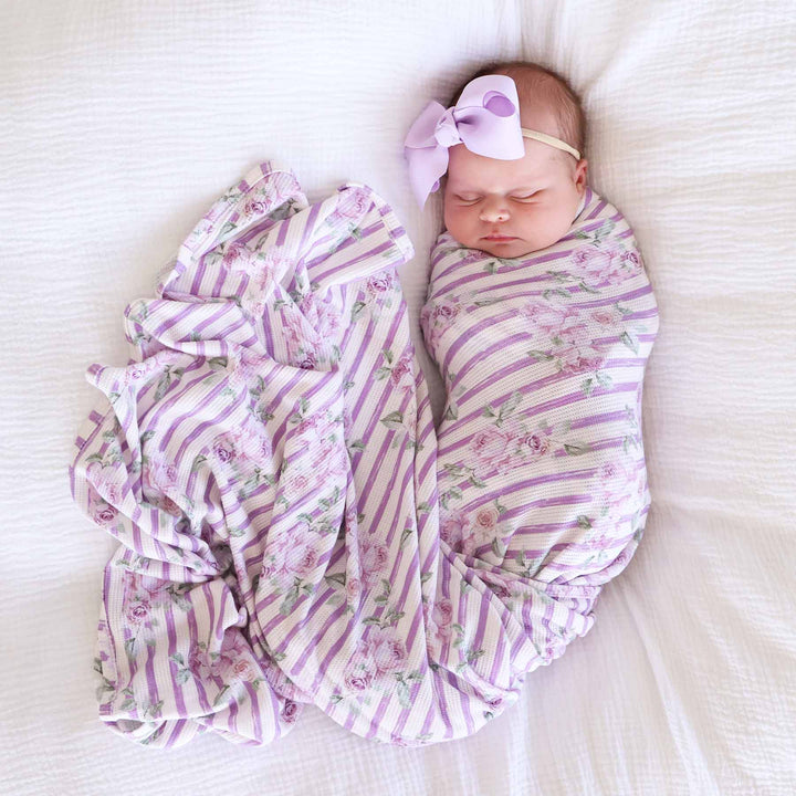 purple stripe and rose bamboo waffle oversized swaddle blanket for newborn girls 