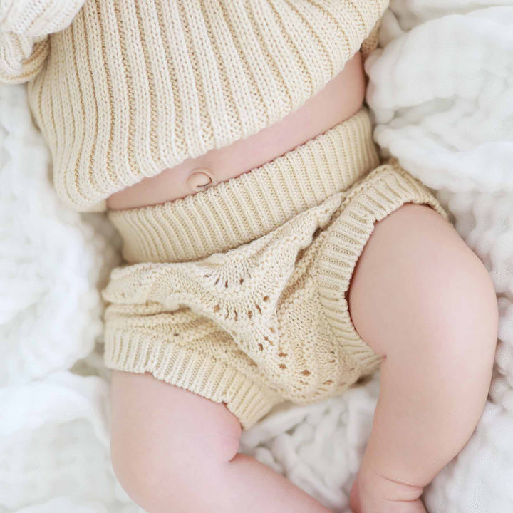 sweater and lace bloomer set for babies tan neutral newborn girl outfit