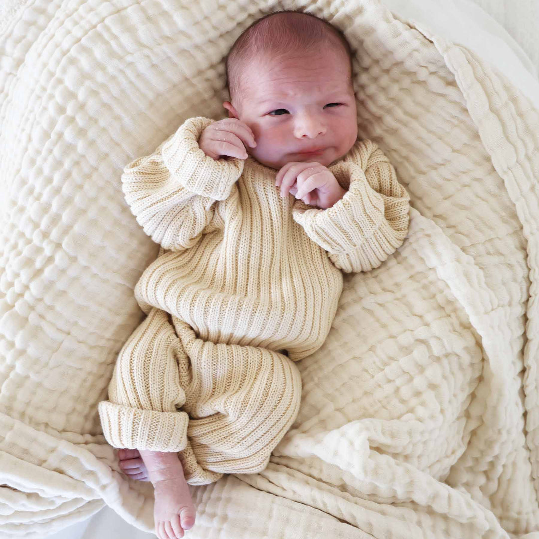 cotton knit sweater set for babies tan