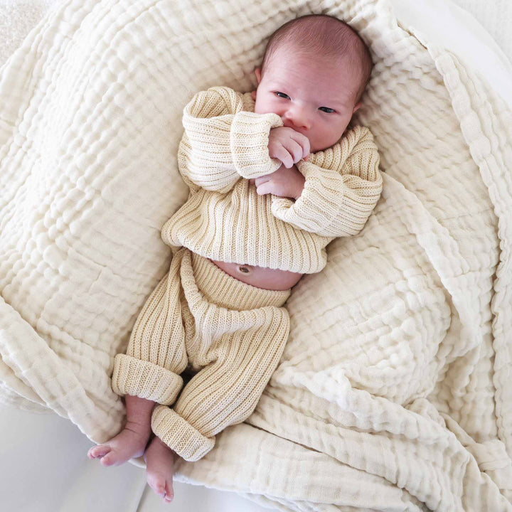 tan knit sweater set for babies 