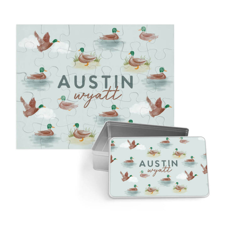 personalized duck puzzle for kids with matching tin 