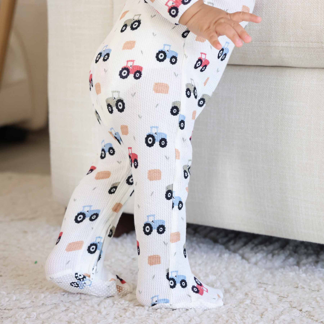 little farmer bamboo waffle zipper baby footie with foot grips and flip mitts