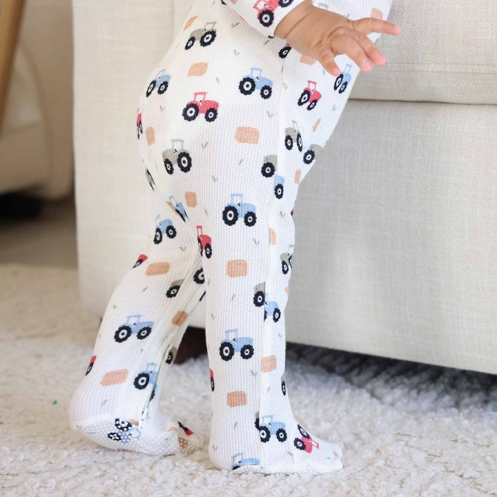 little farmer bamboo waffle zipper baby footie with foot grips and flip mitts