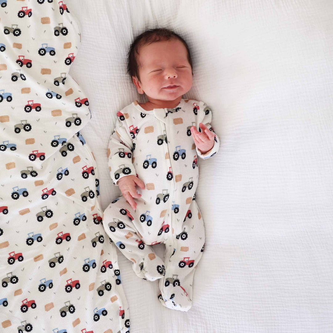 farm themed bamboo waffle baby footie 